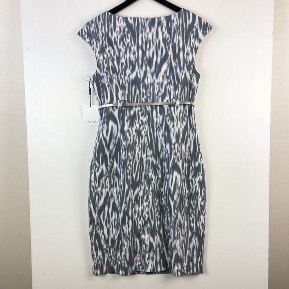 NWT Calvin Klein Womens (8) Knee Length Sheath Boat Neck Dress Gray Belted - Picture 5 of 12